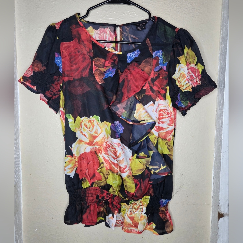 Ted Baker London Janni First Bow Blouse Floral Red Roses Black Size 2 Womens